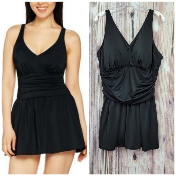 Denim & Co Beach Black Ruched Flounce Swim Dress - Picture 1 of 15